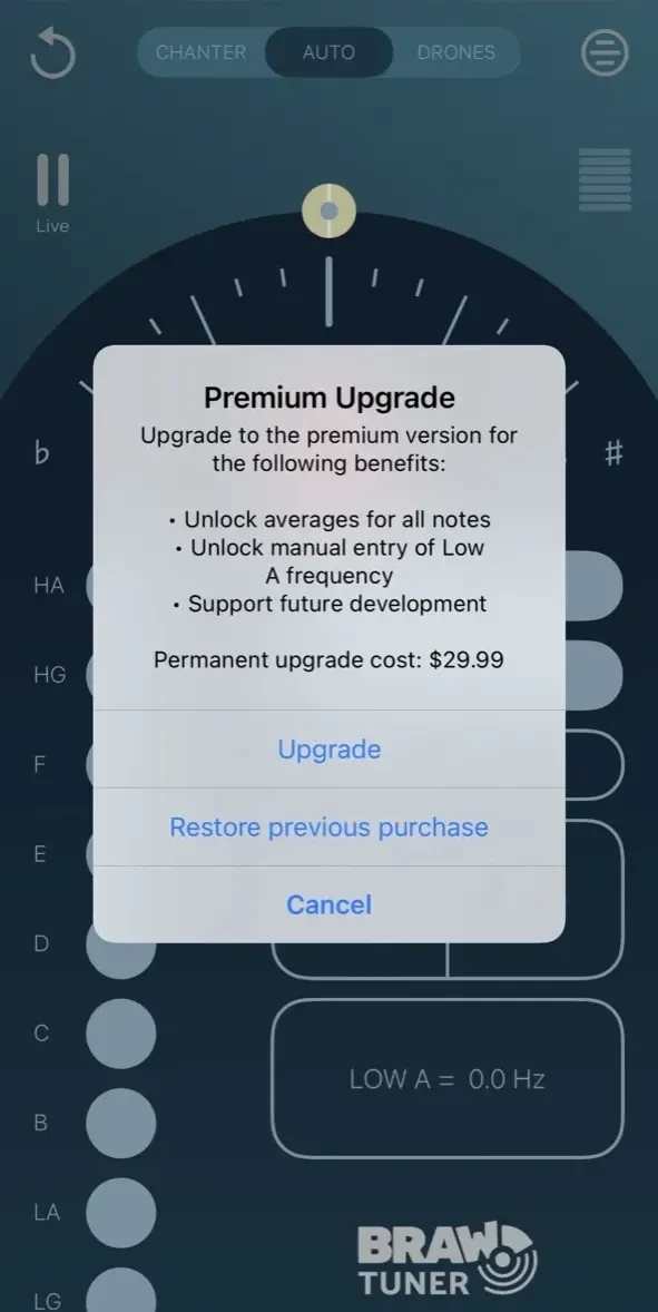 Braw Bagpipe Tuner paywall screen