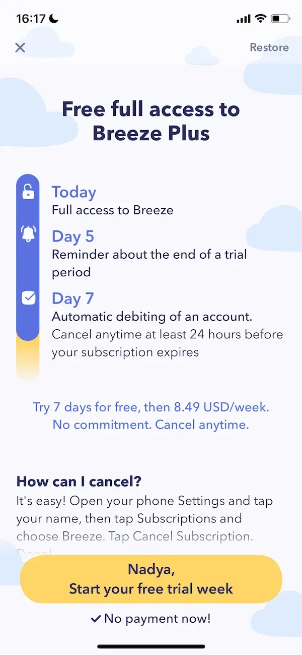 Breeze paywall screen
