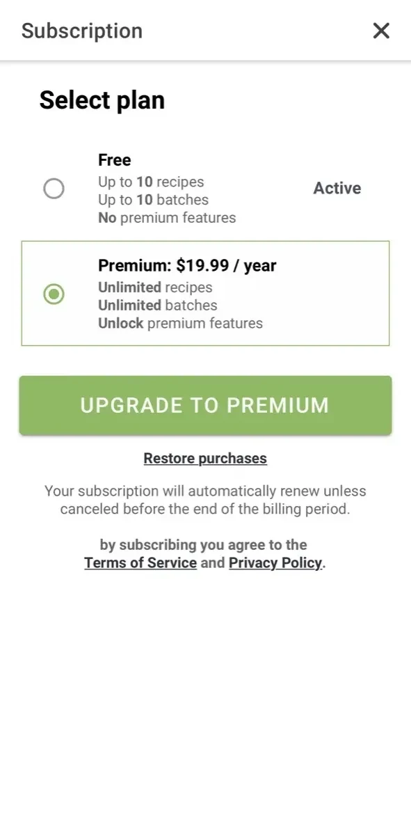 Brewfather paywall screen