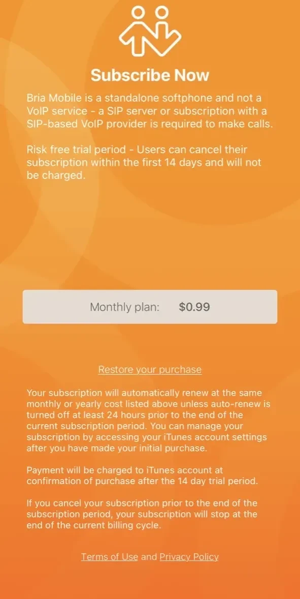Bria Mobile paywall screen