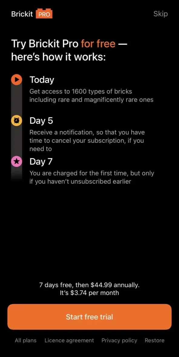 Brickit App paywall screen
