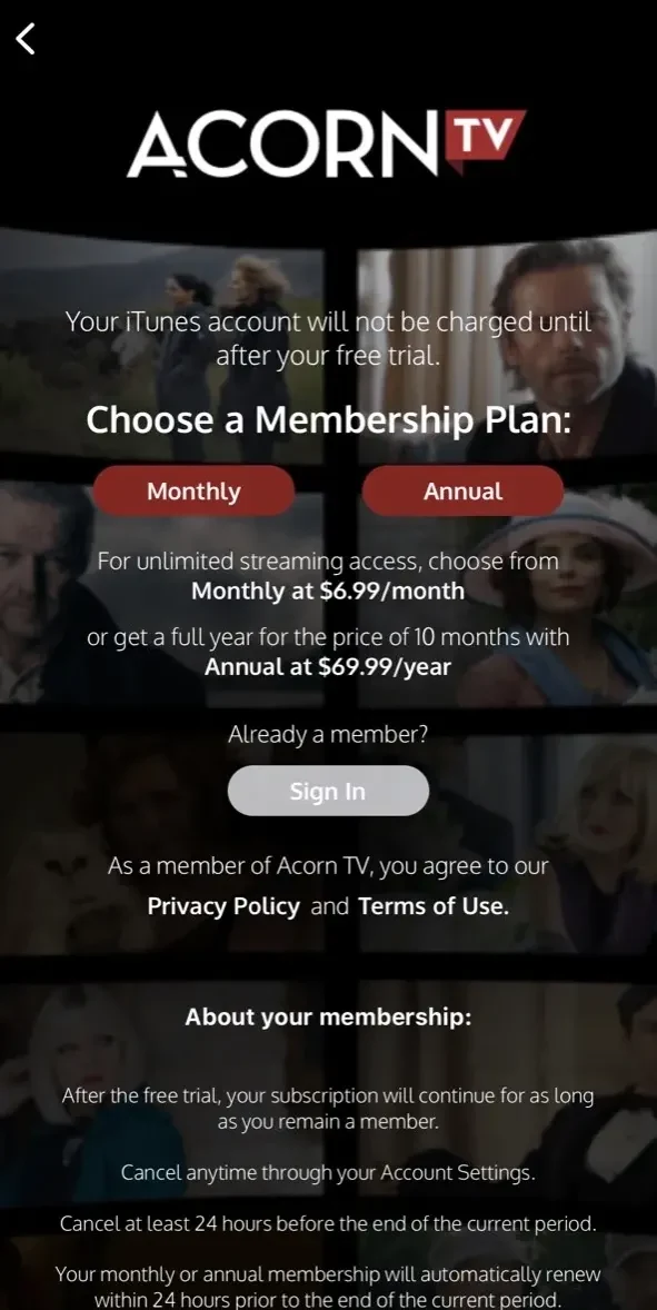 Acorn TV paywall screen