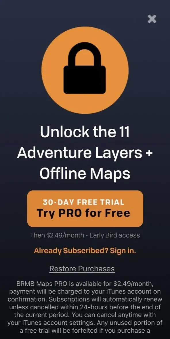 BRMB Maps paywall screen