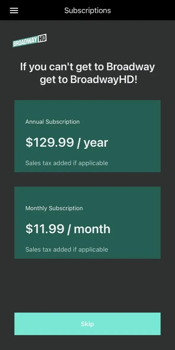 BroadwayHD Mobile paywall screen