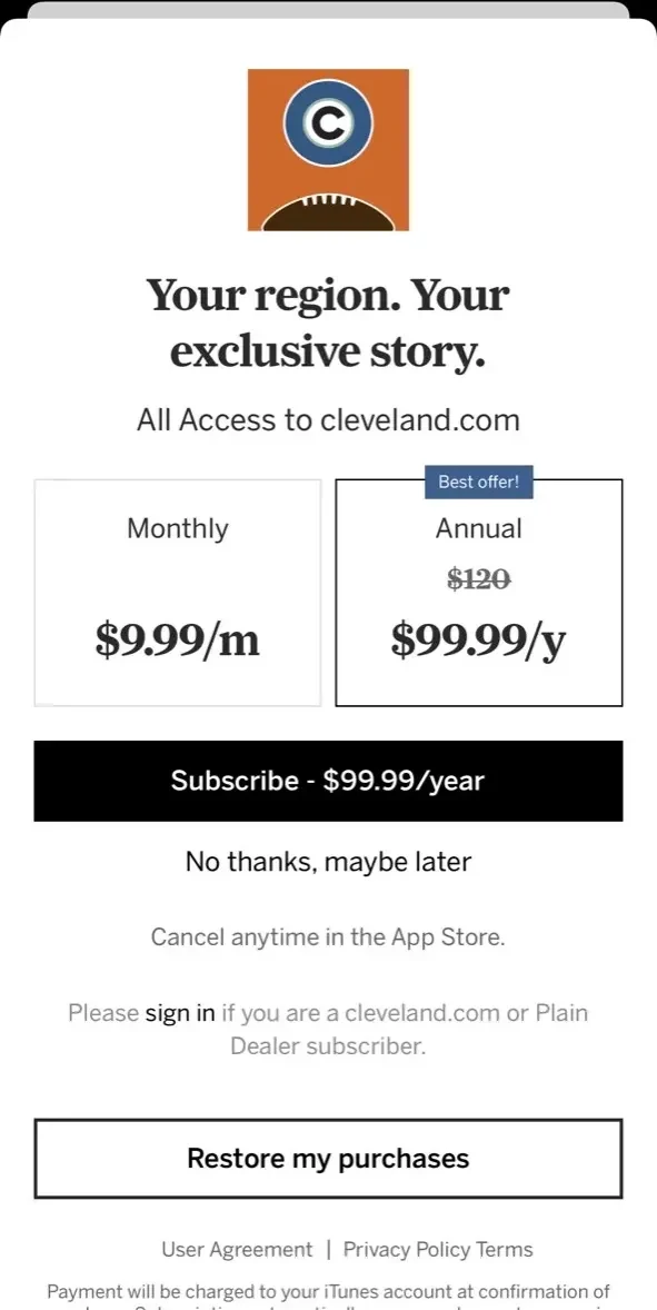 Browns News paywall screen