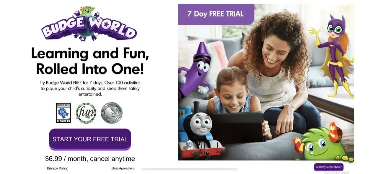 Budge World paywall screen