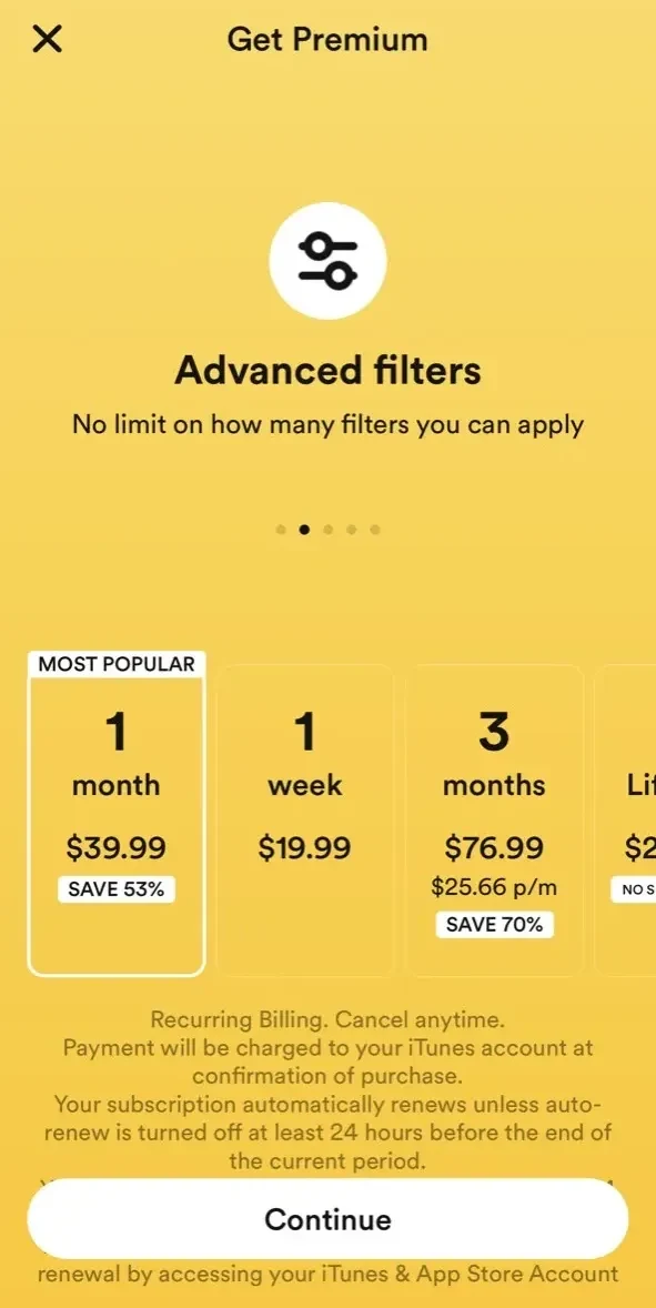 Bumble Dating App paywall screen