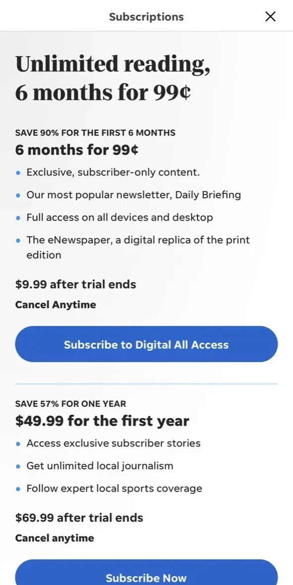 Burlington Free Press paywall screen