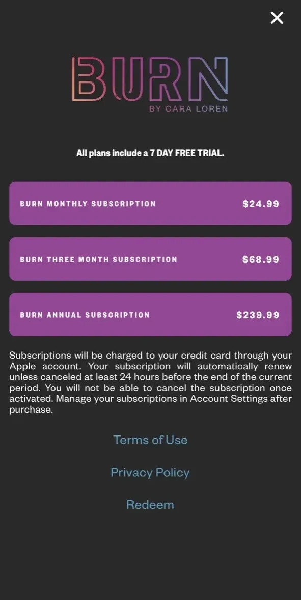 Burn paywall screen