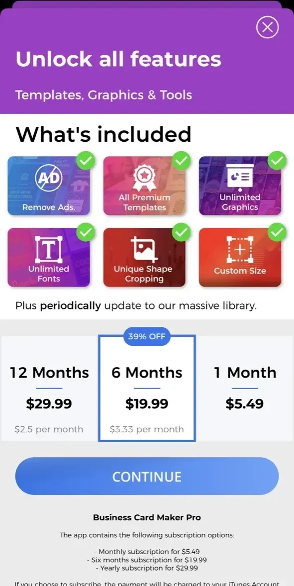 Business Card Maker paywall screen