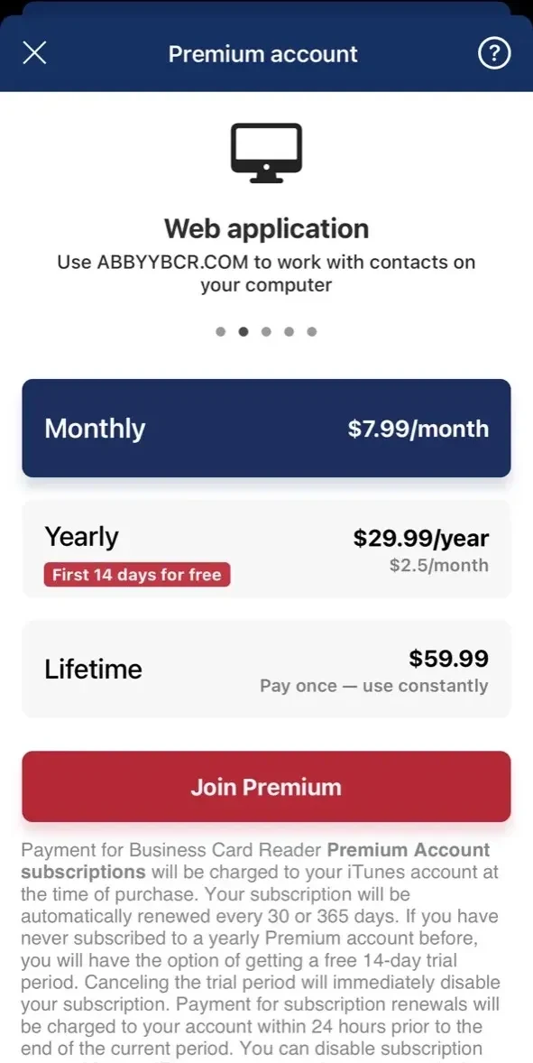 Business Card Reader paywall screen