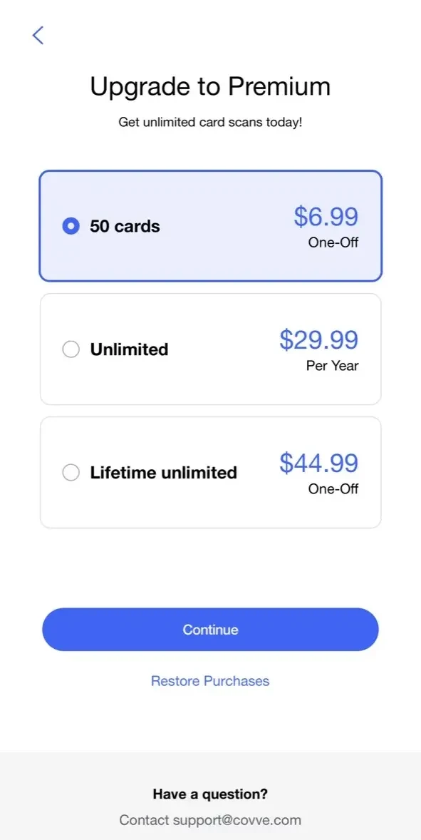 Business Card Scanner paywall screen