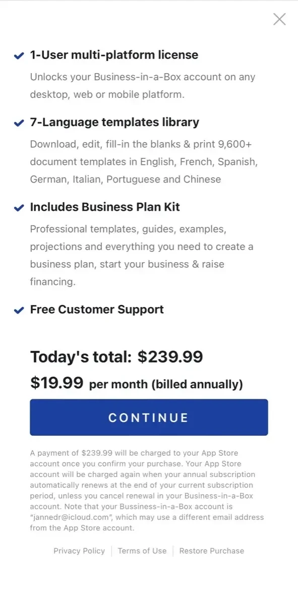 Business in a Box paywall screen