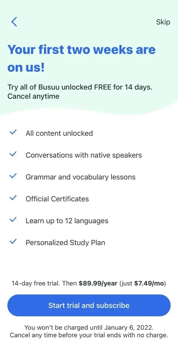 Busuu paywall screen