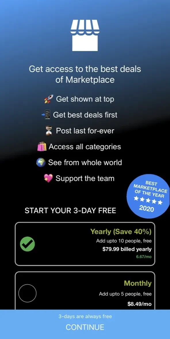 Buy and sell paywall screen