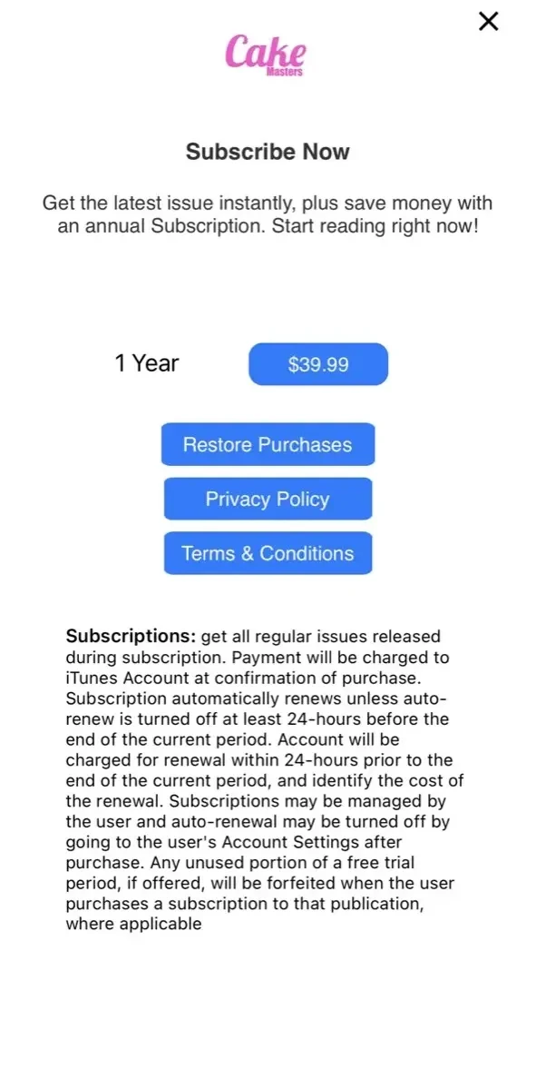 Cake Masters Magazine paywall screen