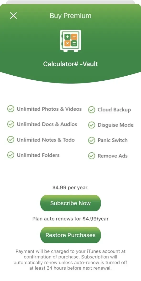 Calculator# Hide Photos Videos paywall screen