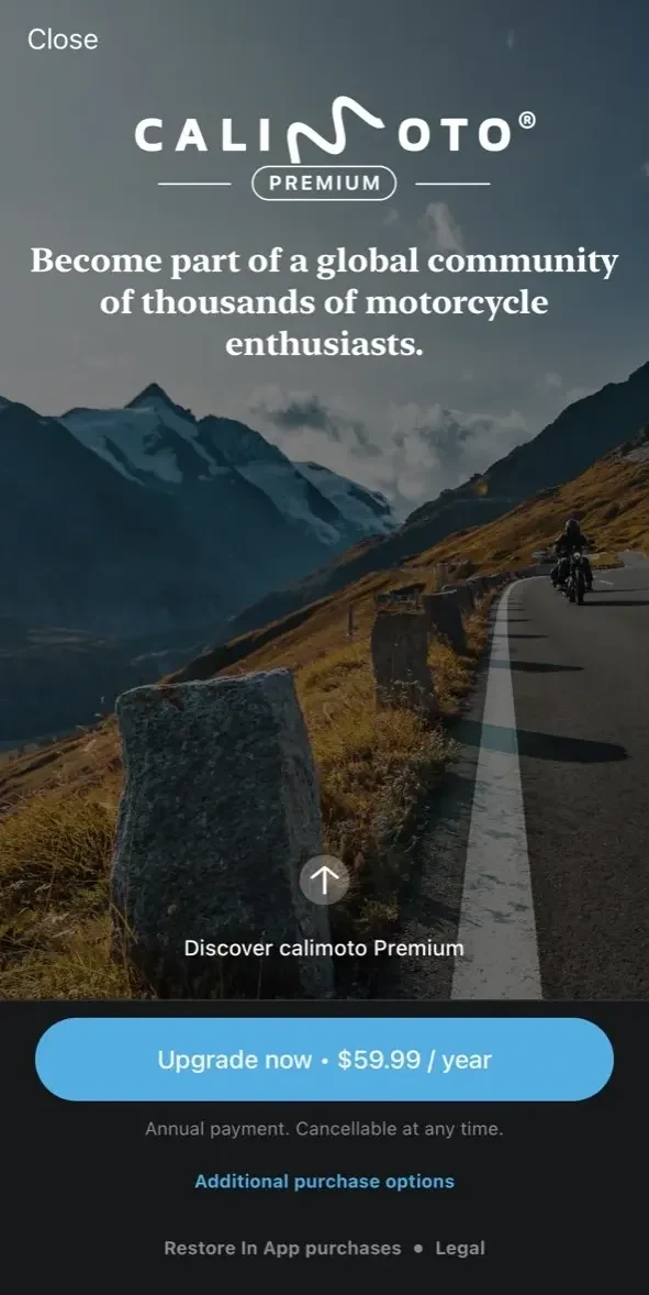 calimoto motorcycle navigation paywall screen
