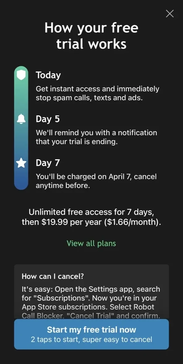 Robo Spam Text paywall screen