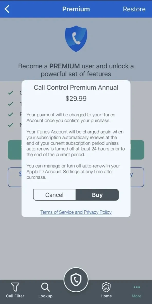 Call Control paywall screen