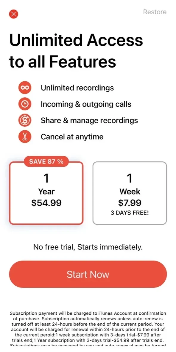 Call Recorder App ◉ACR MyCalls paywall screen