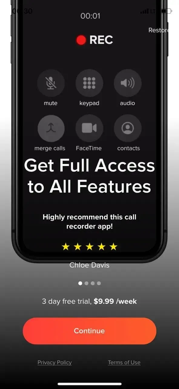 Call Recorder iCall paywall screen