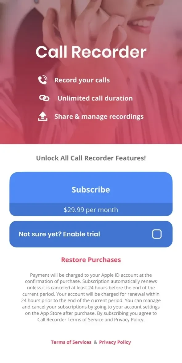 Call Recorder ™ Record Phone paywall screen