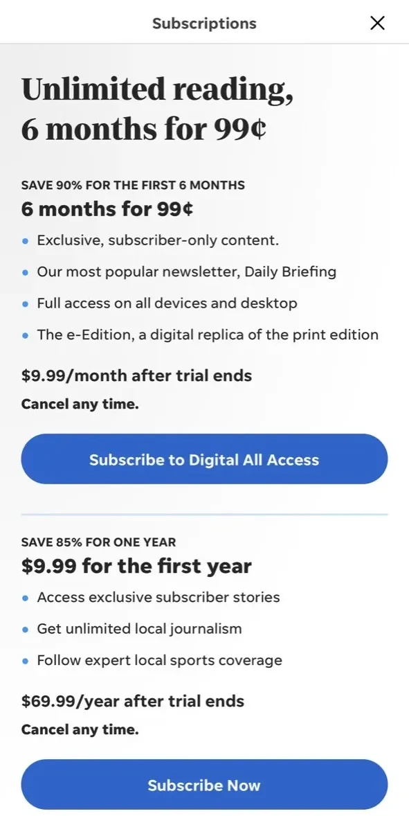 Evansville Courier paywall screen
