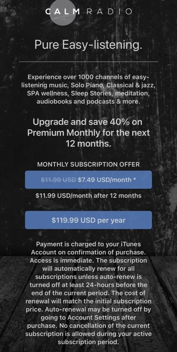 Calm Radio paywall screen
