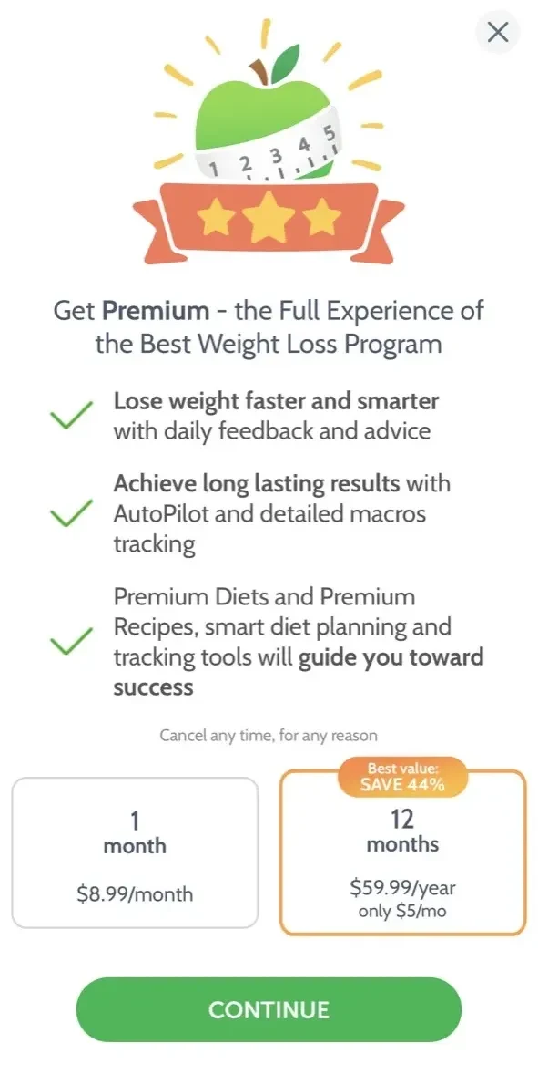 Calorie Counter paywall screen