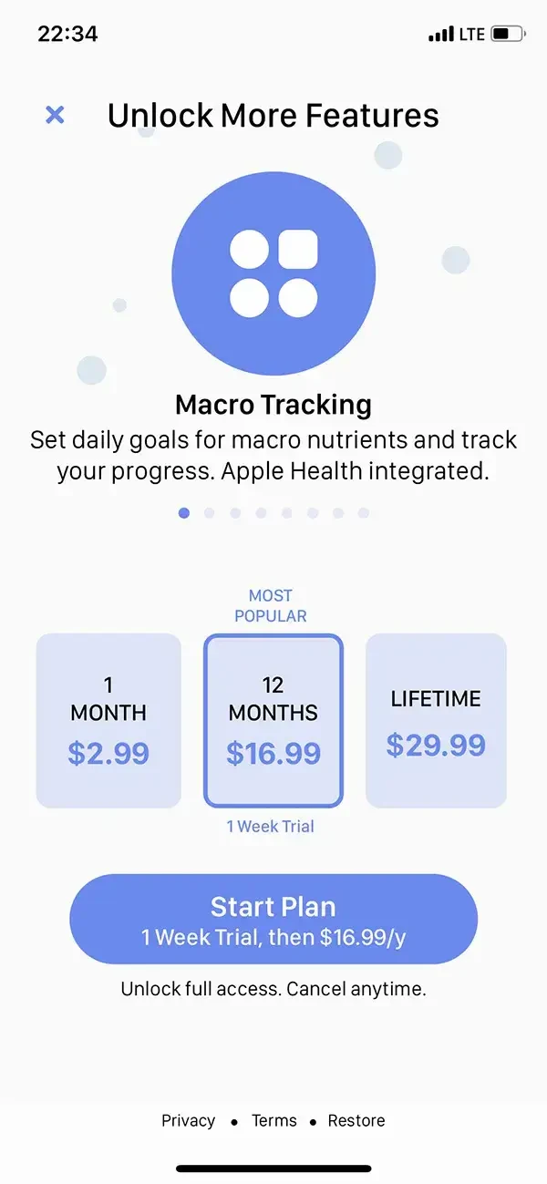 Calory paywall screen
