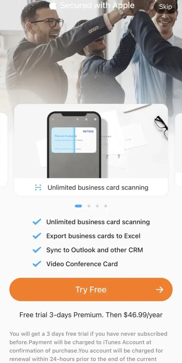 CamCard paywall screen
