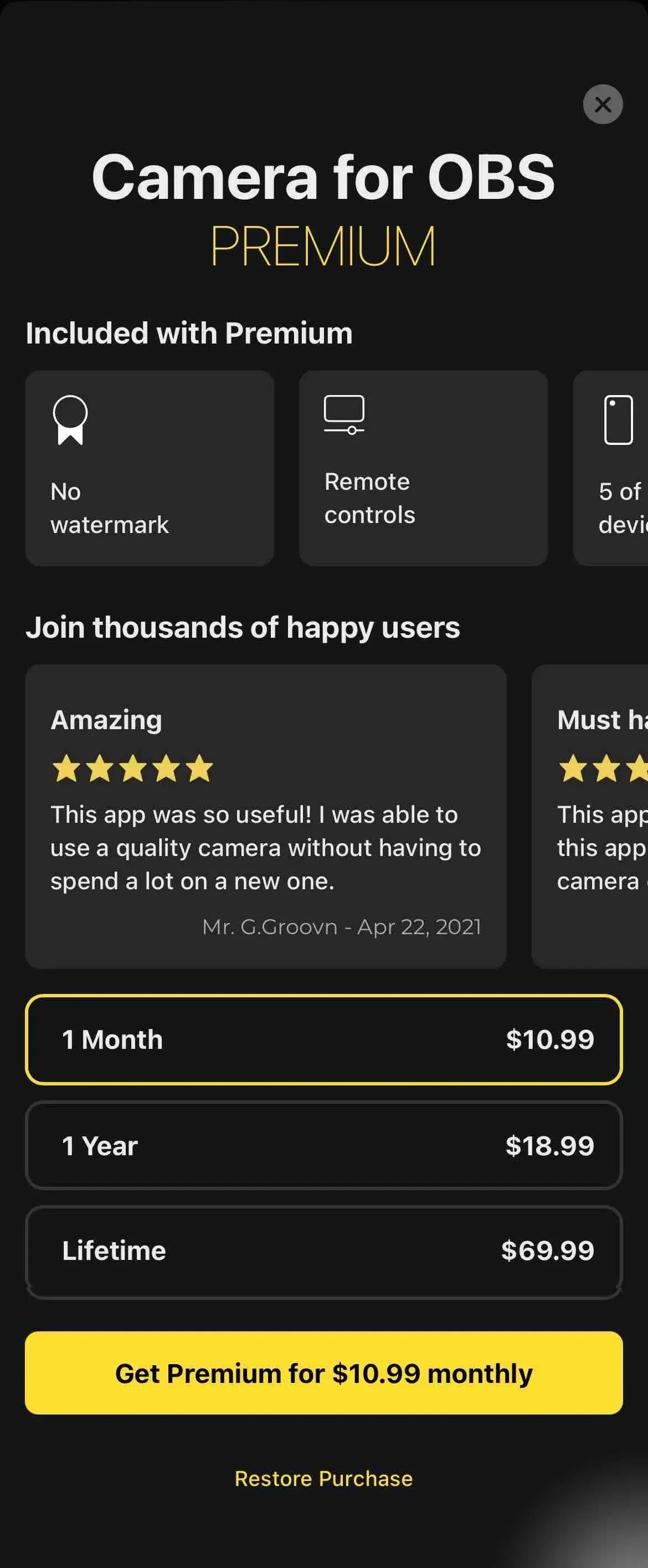 Camera paywall screen