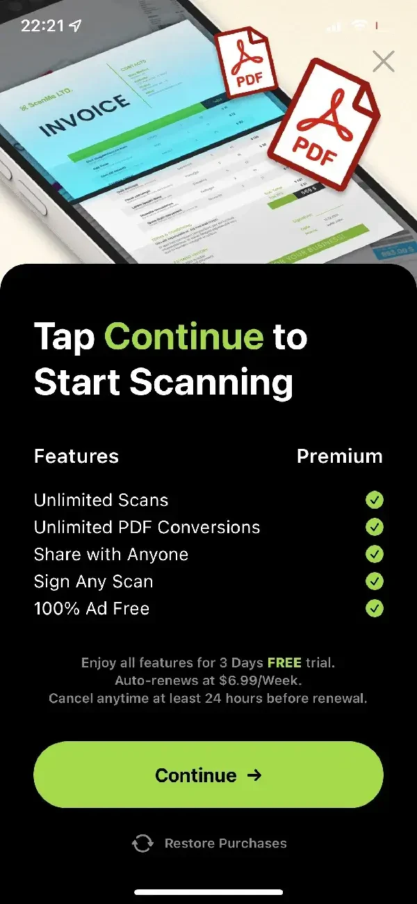 Camera Scanner paywall screen