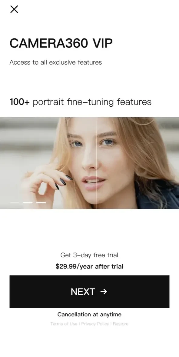 Camera360 paywall screen