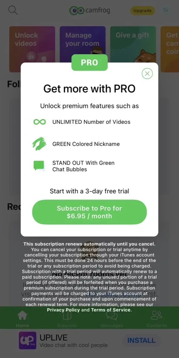 Camfrog paywall screen