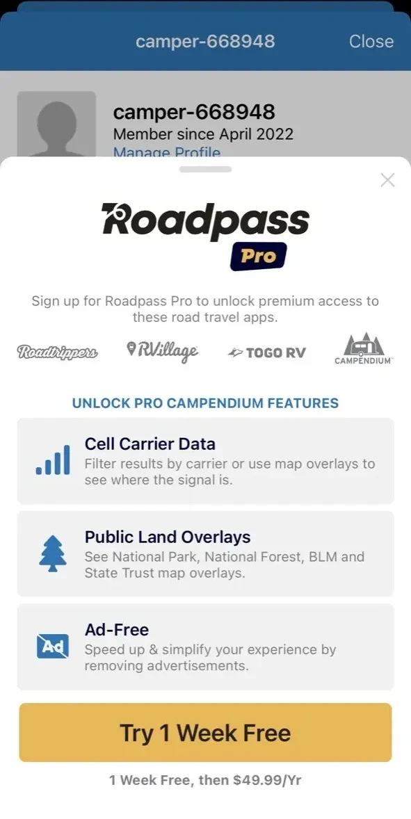 Campendium paywall screen