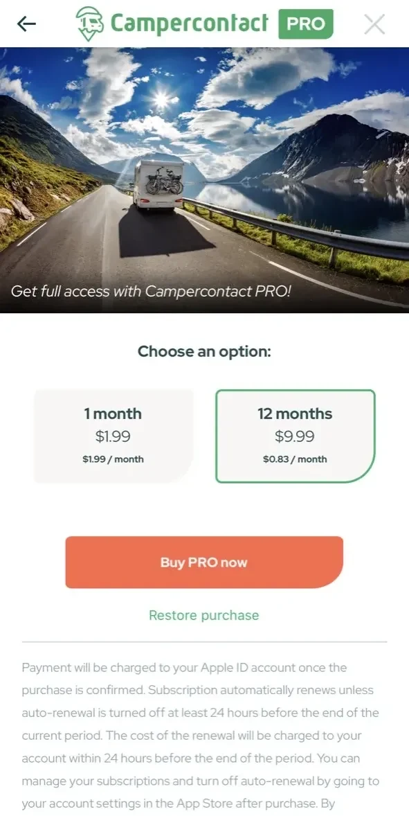 Campercontact paywall screen