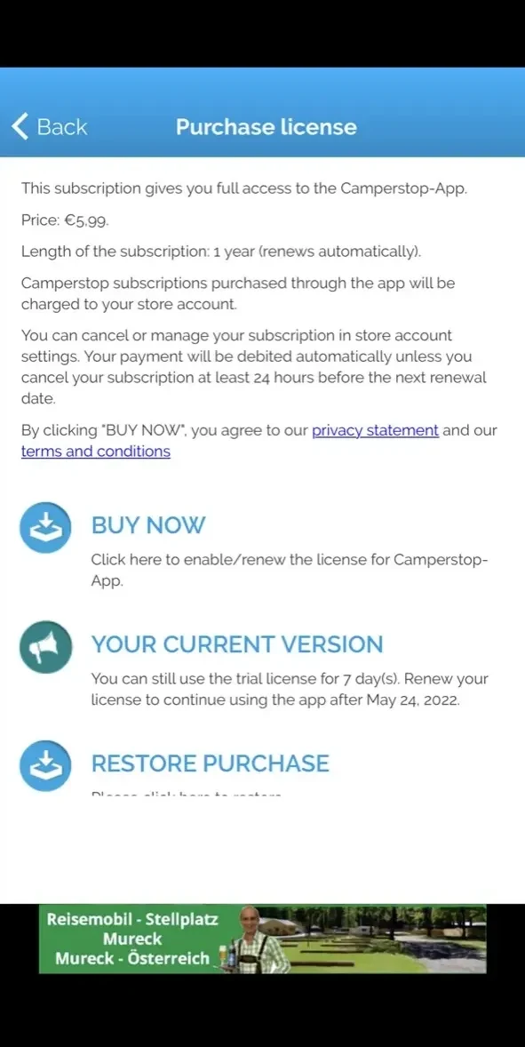 Camperstop paywall screen