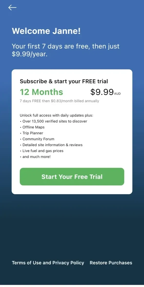Camps Australia Wide paywall screen
