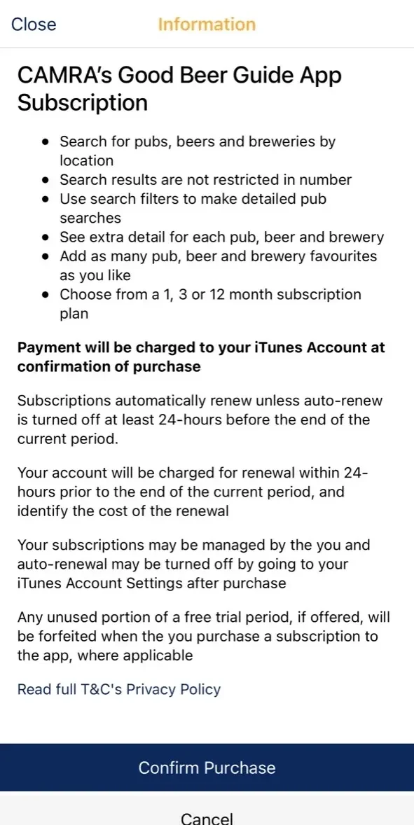 CAMRA's paywall screen