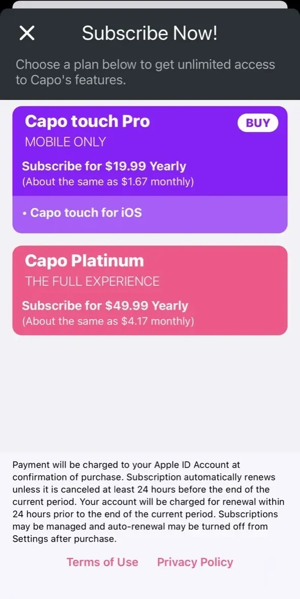 Capo paywall screen