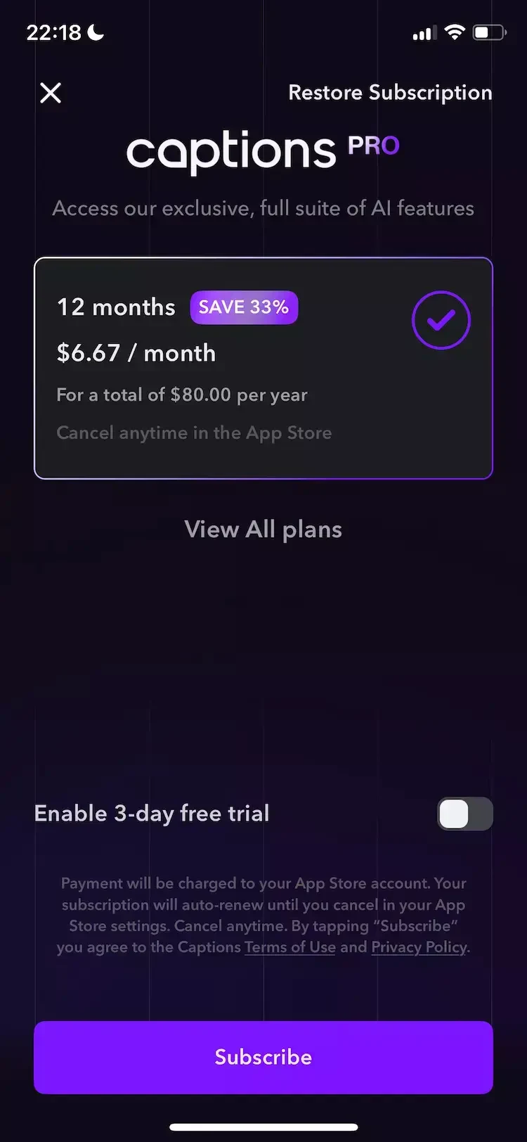 Captions paywall screen