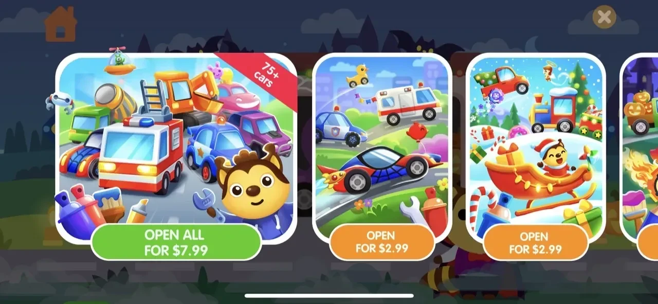 Car game for kids paywall screen