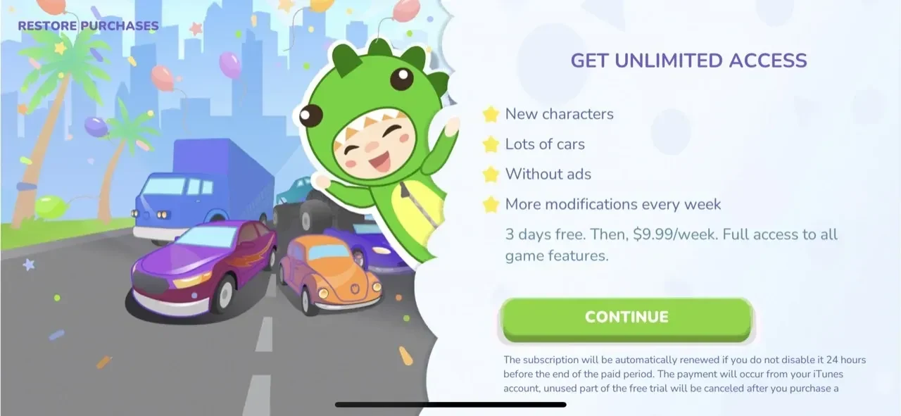 Car games for toddler paywall screen