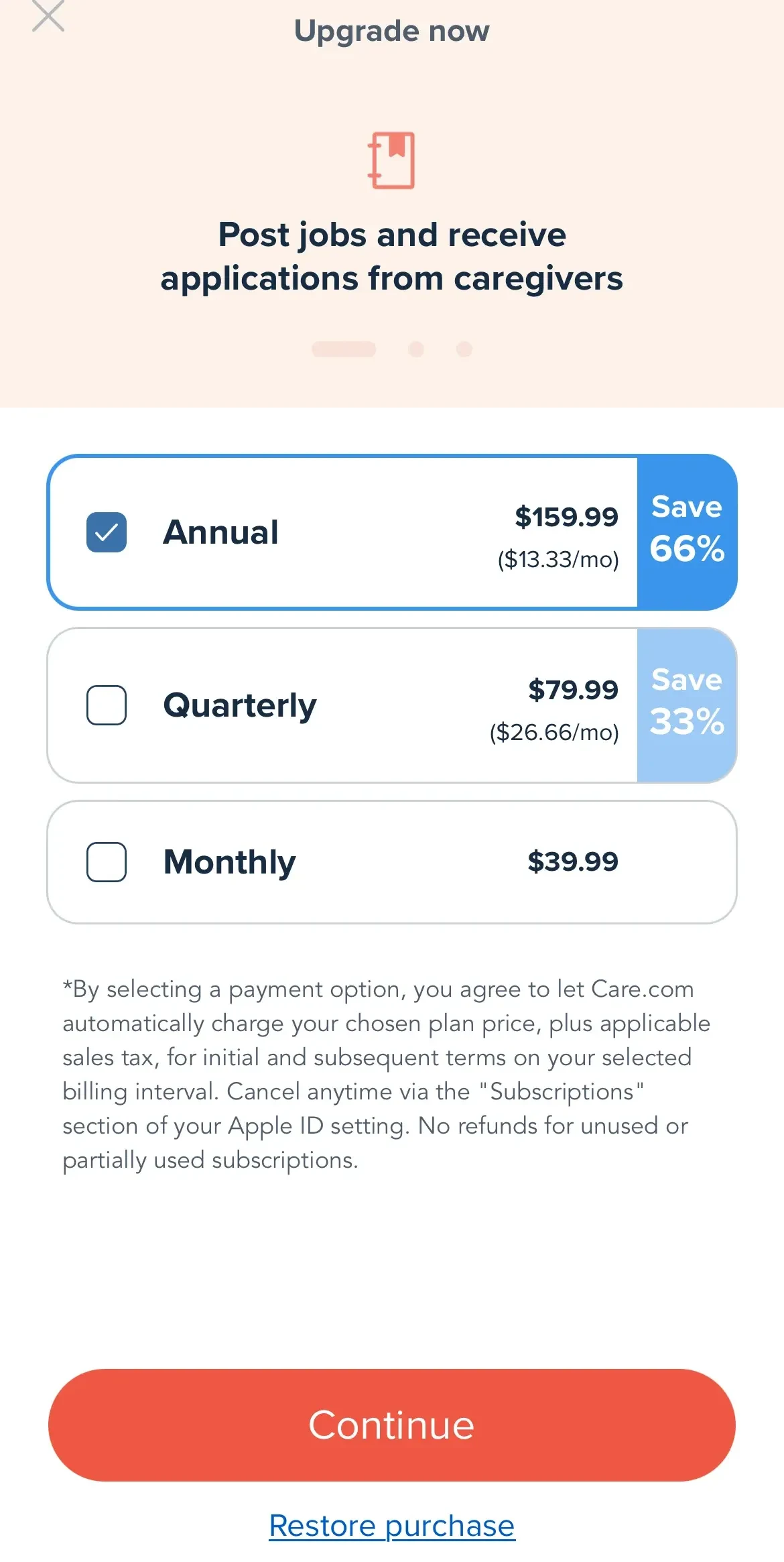 Care paywall screen