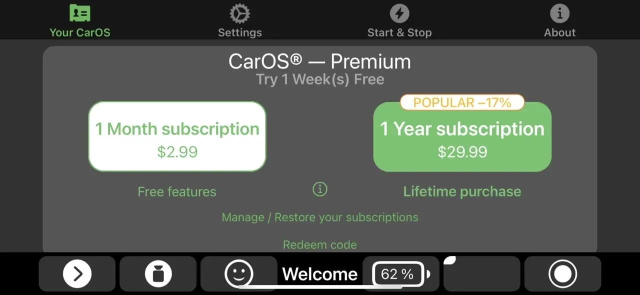 CarOS® paywall screen