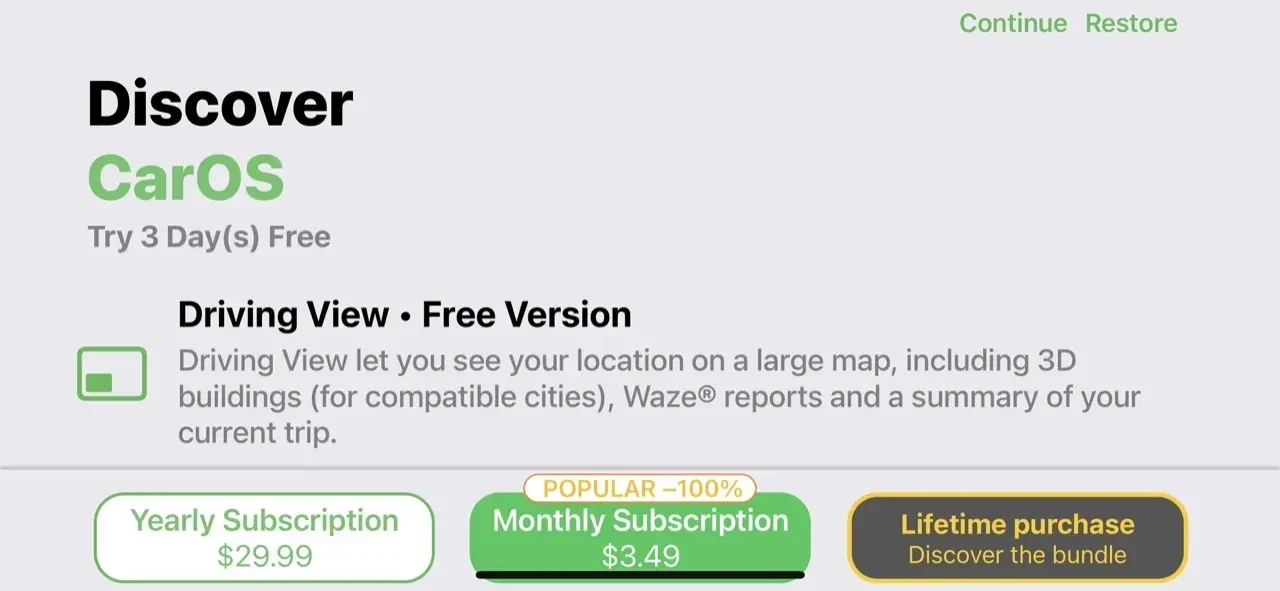 CarOS paywall screen