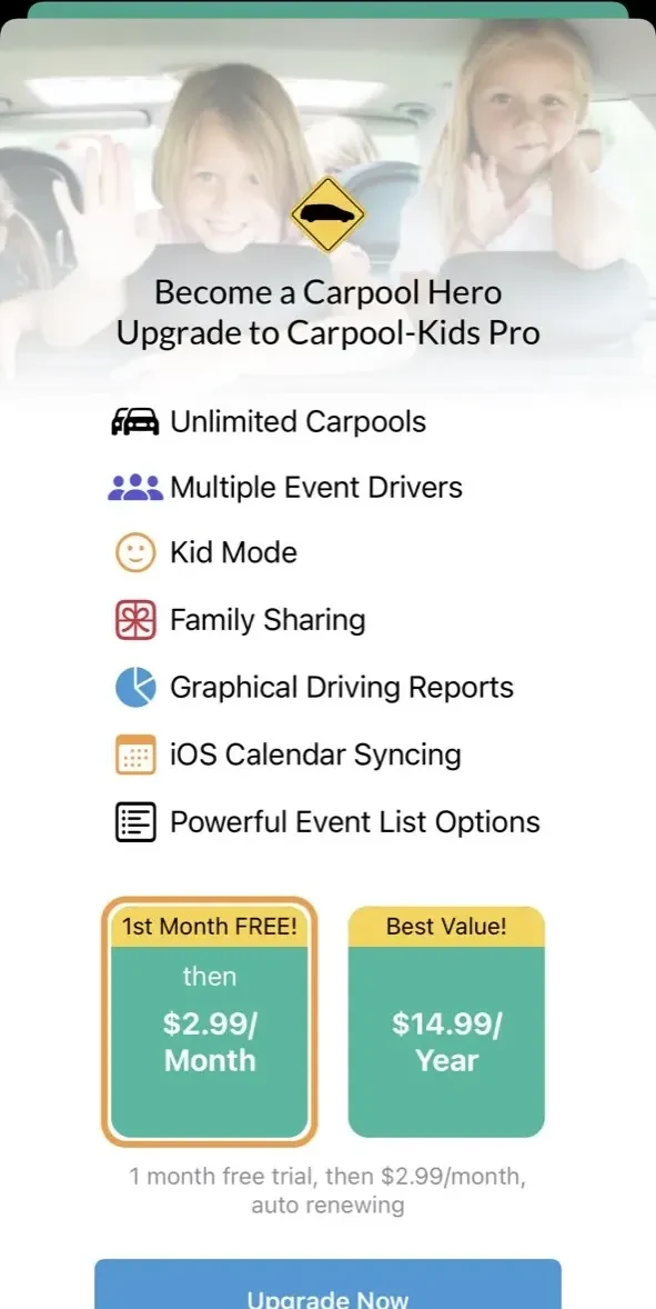 Carpool Kids paywall screen