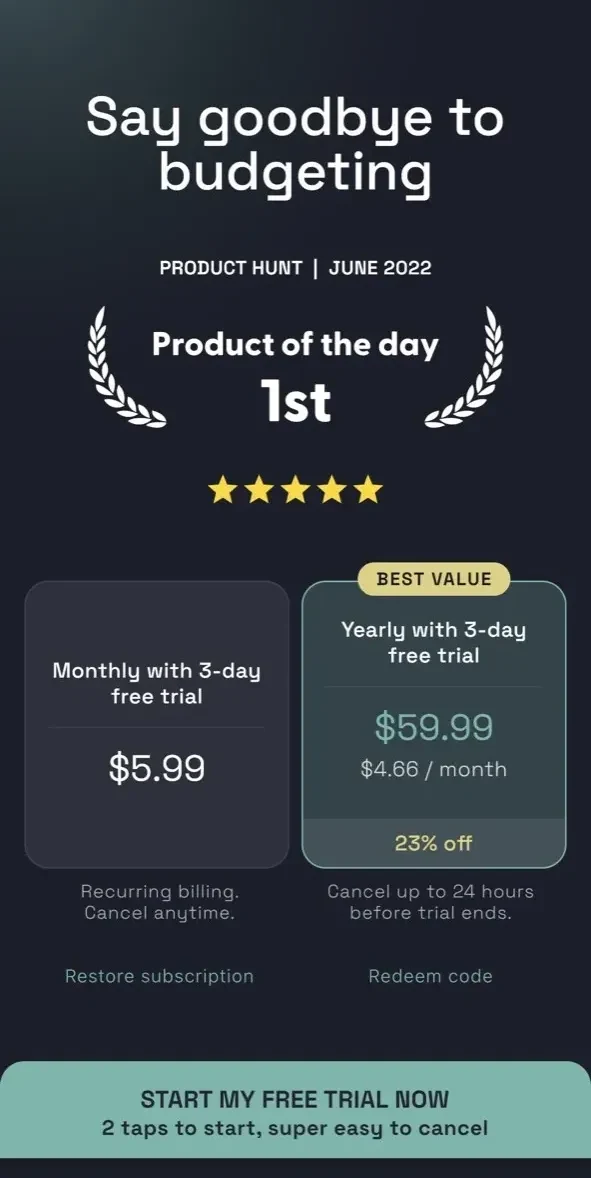 Cashews Smart Money Budget App paywall screen